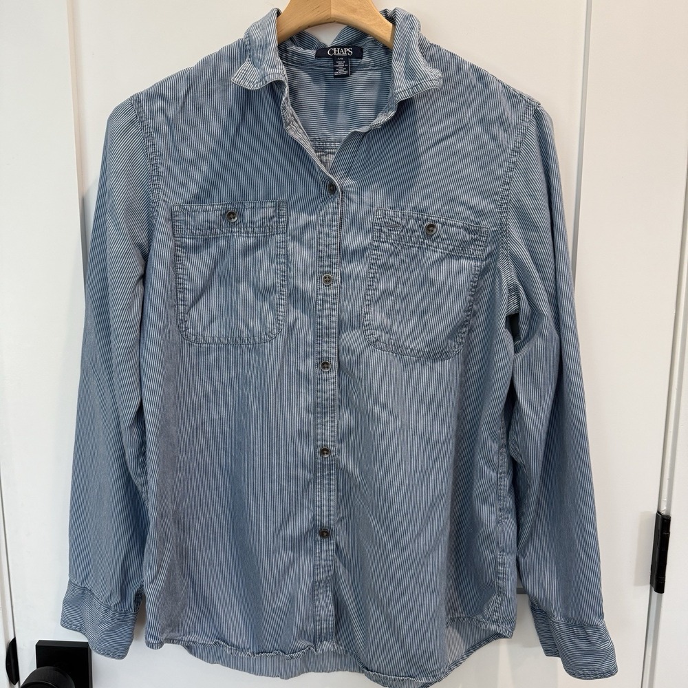 Chaps Long Sleeve Blue And White Stripe Women's Shirt Size Large - Picture 3 of 8